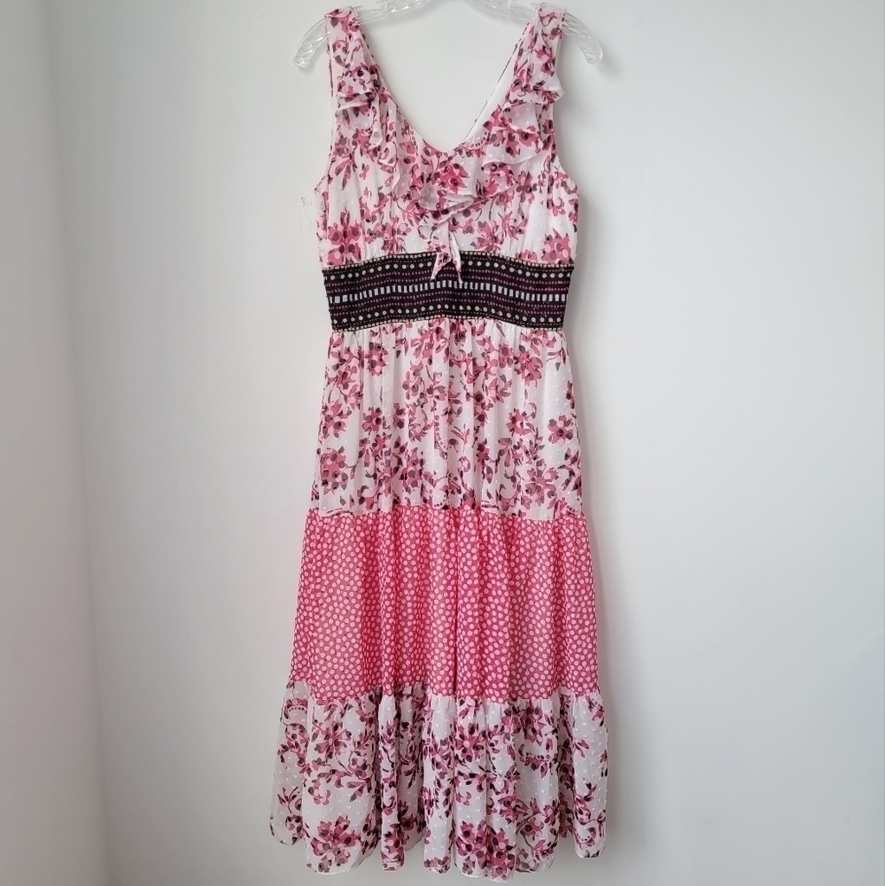 TAYLOR Ruffle V-Neck Chiffon Empire Waist White Pink Flowing Dress Size 6